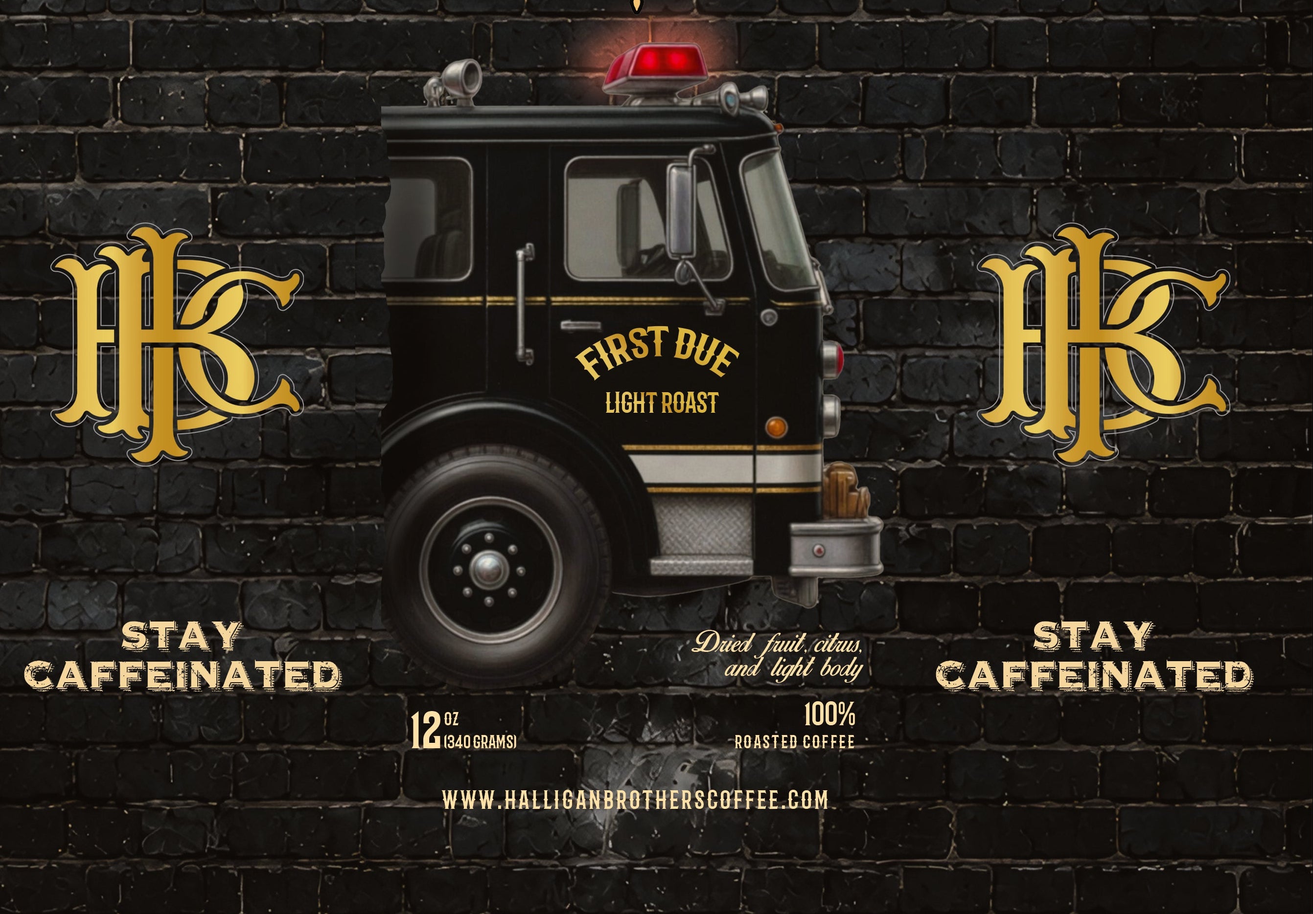 Promotional poster for Halligan Brothers Co. featuring a truck and brand logo on a dark background.